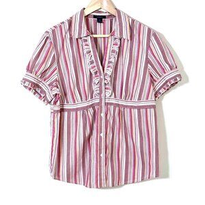 Vtg Y2K Pink Stripe Babydoll Top Button Ruffle Corpcore Office Career Coquette